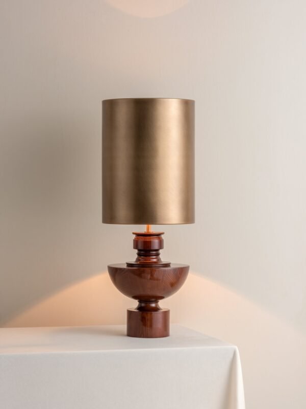 Editions spun wood lamp with + aged brass shade - Image 2