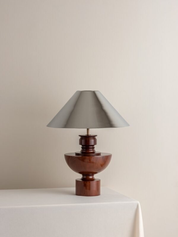 Editions spun wood lamp with + chrome shade