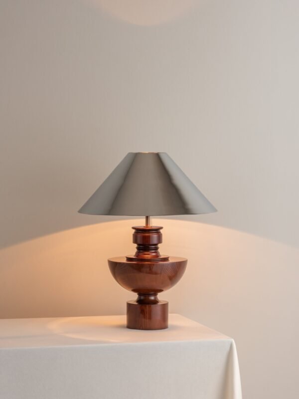 Editions spun wood lamp with + chrome shade - Image 2