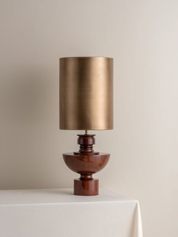 Editions spun wood lamp with + aged brass shade