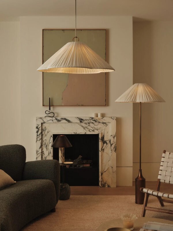 Lindi - aged brass and linen oversized scalloped pendant - Image 2
